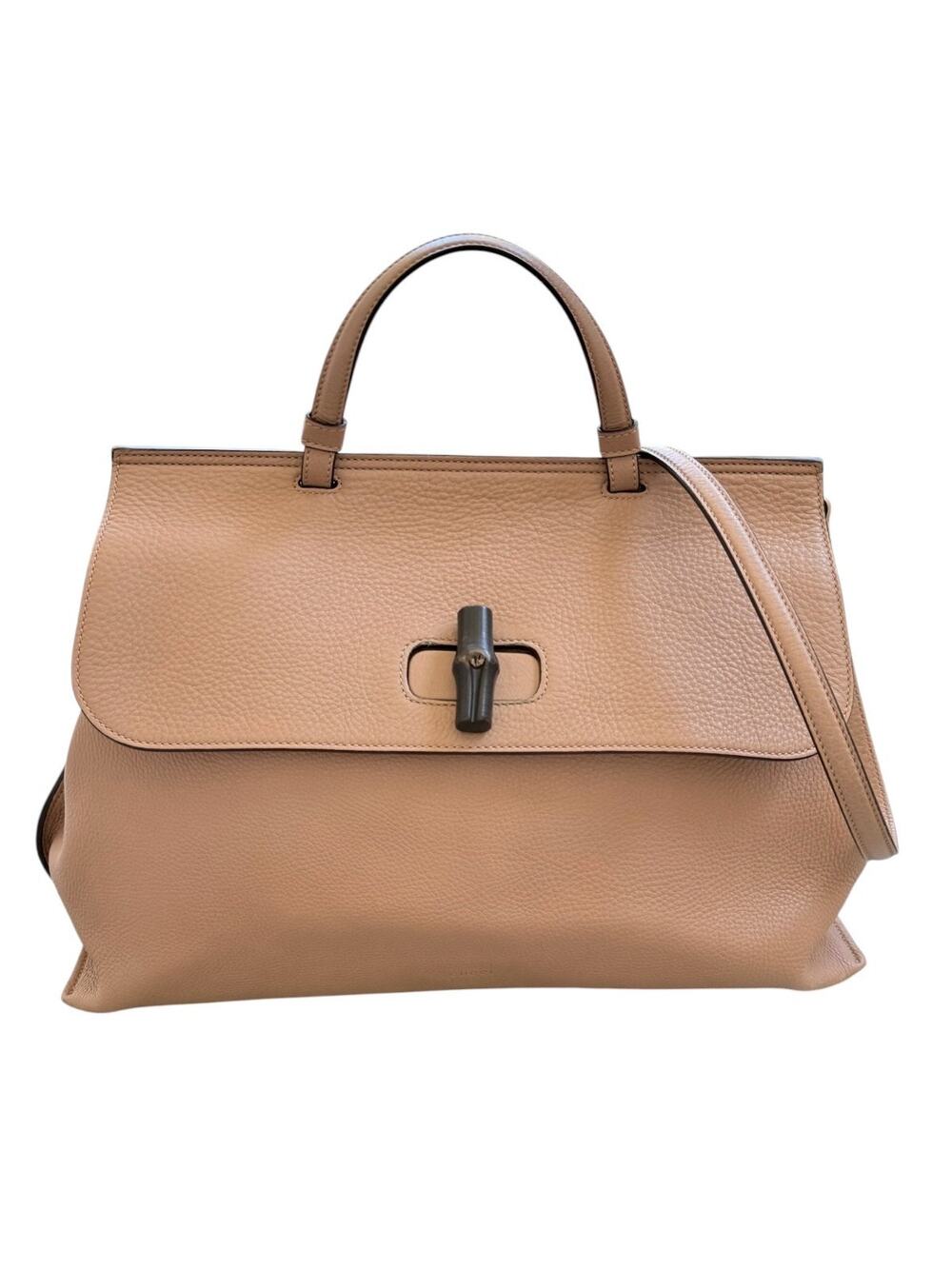 Gucci Large Bamboo Daily 370830 Camel Leather Top Handle 2Way Bag Striped Lining